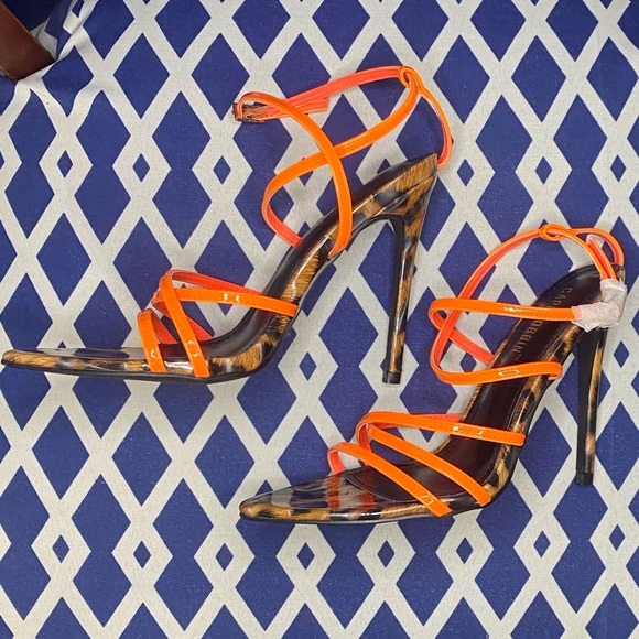 Neon orange brown black leopard cheetah strappy pointy toe high heel sandals - Picture 4 of 5